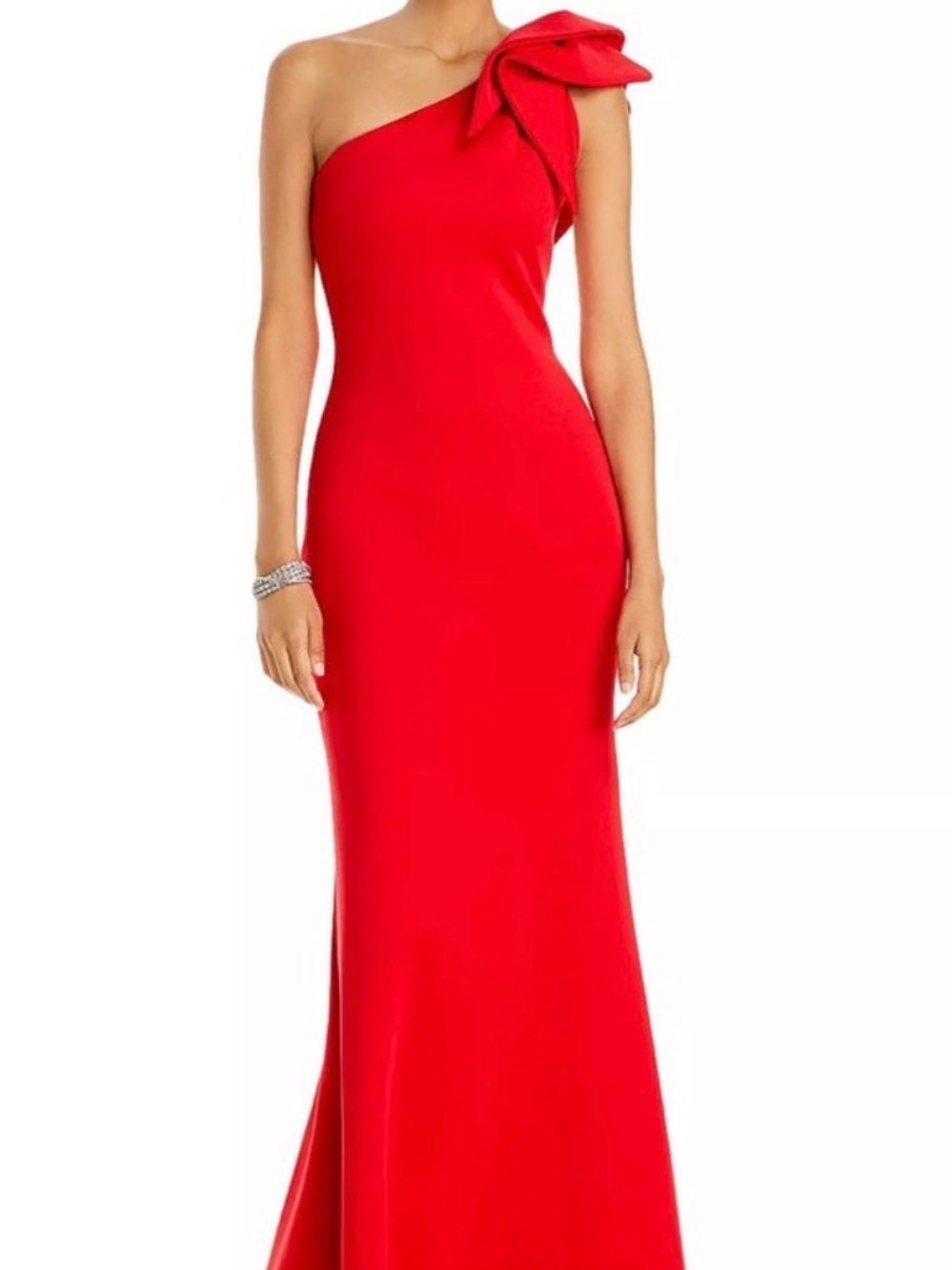 Aqua One-Shoulder Red Column Gown with Shoulder Bow